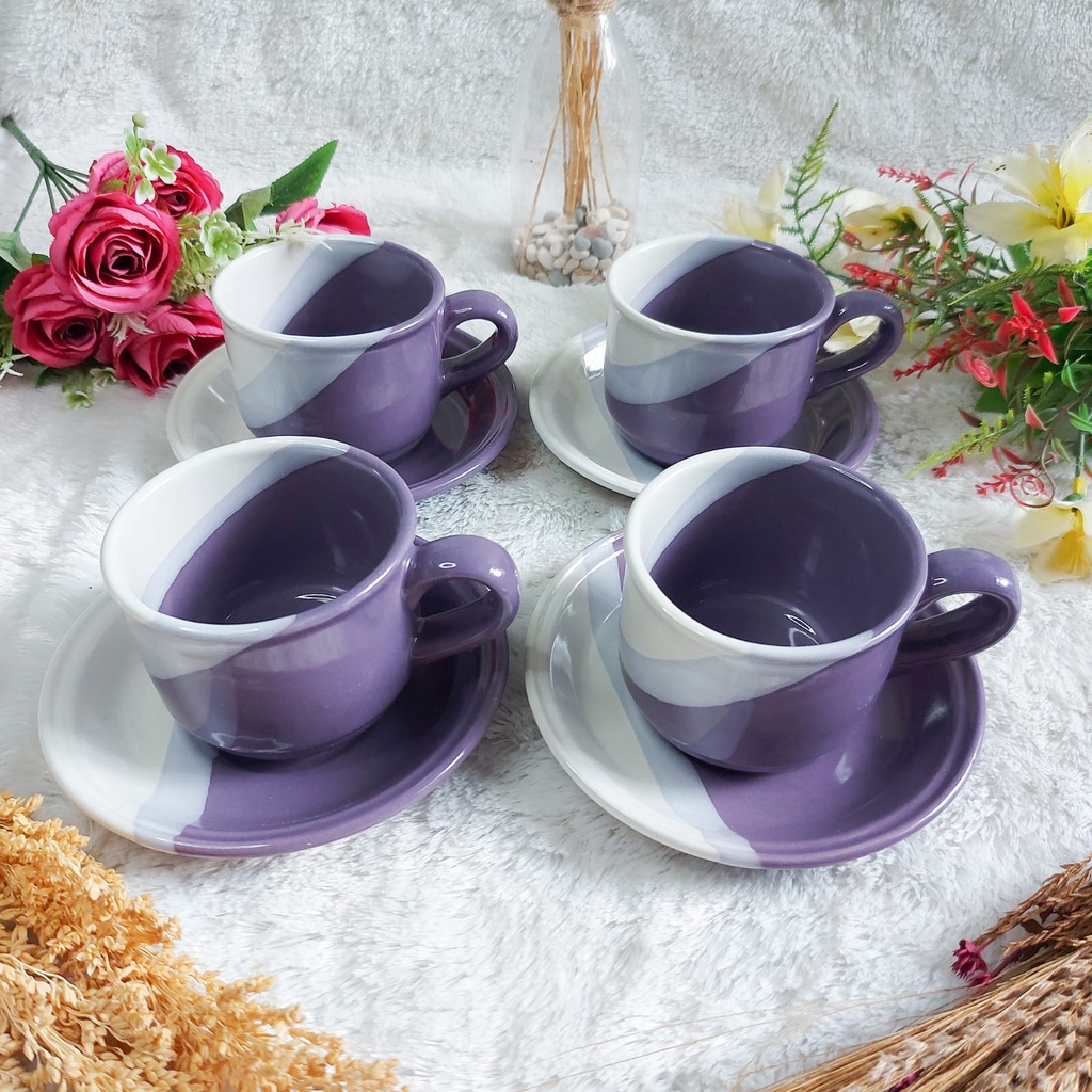 Set Cangkir Keramik 2 Warna Two Tone Isi 4 Set Unik Cantik