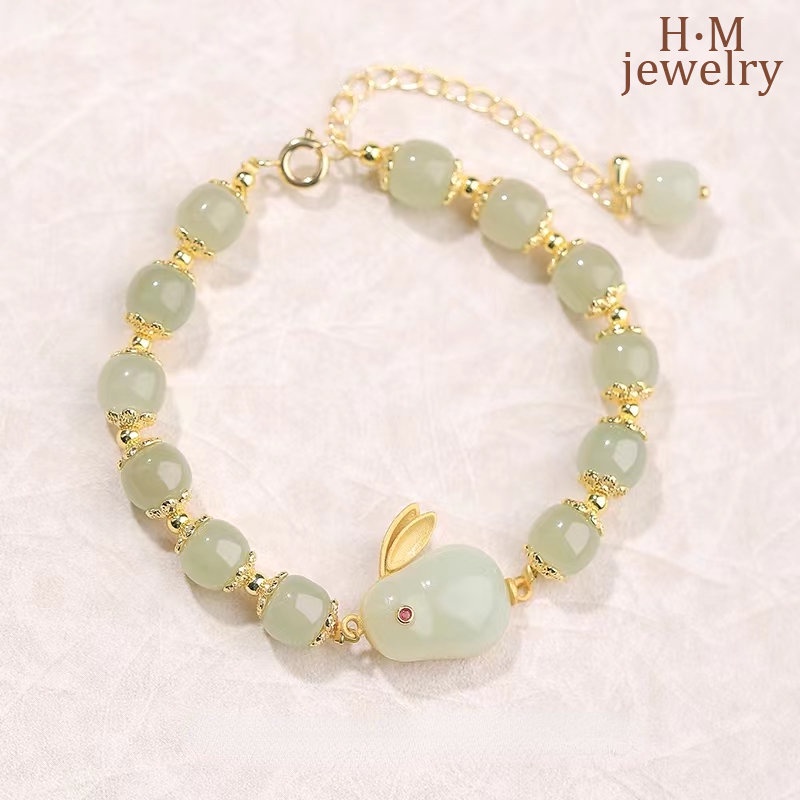 Gelang Tangan Manik-Manik Batu Jade Hetian Bentuk Kelinci Untuk Wanita