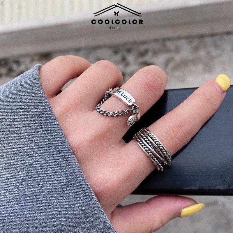 COD❤️2PCS/Set Cincin Rantai Smiley Retro Wanita Minoritas Desain Kepribadian Cincin Jari Telunjuk Tren Mode Impor Aksesoris Murah