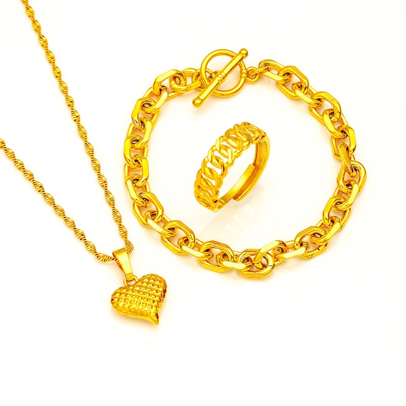Set Perhiasan Kalung Gelang Cincin Lapis Emas Asli Kadar 375 Dengan Liontin Hati Untuk Wanita