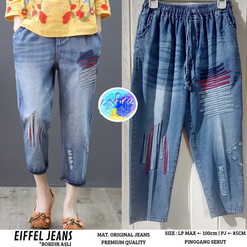 EIFFEL BOYFRIEND JEANS SOBEK DAN BORDIR TIMBUL PINGGANG SERUT