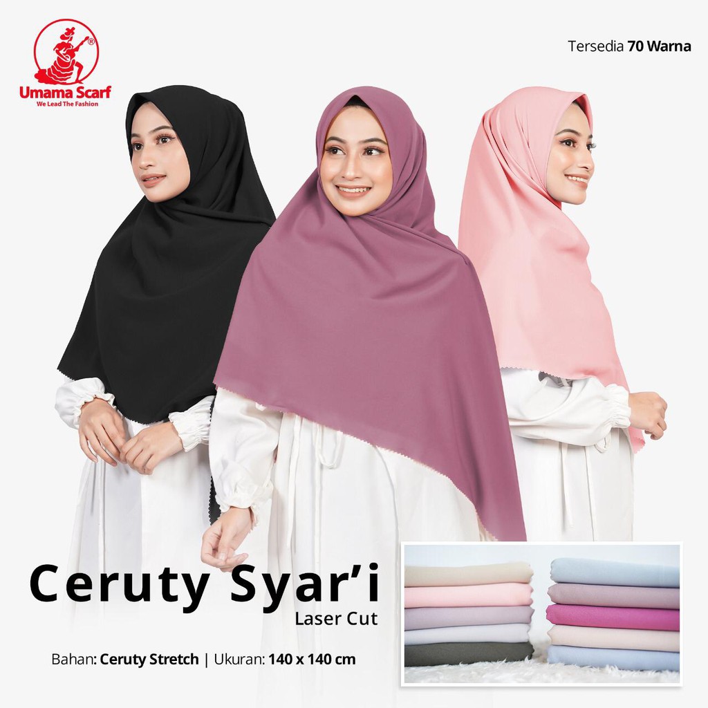HIJAB HITAM CERUTY SYARI 140X140 UMAMA LASER CUT KERUDUNG SEGIEMPAT POLOS JILBAB SYAR'I BLACK CERUTI