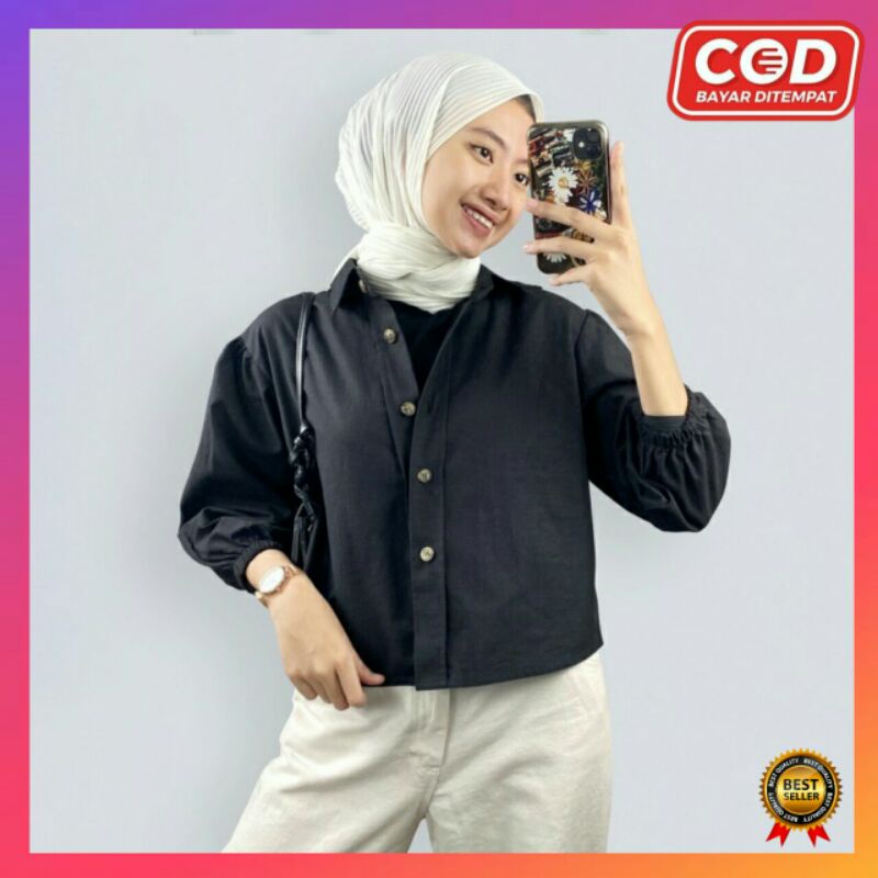 Baju atasan lengan karet wanita - blouse wanita kancing - atasan lengan panjang