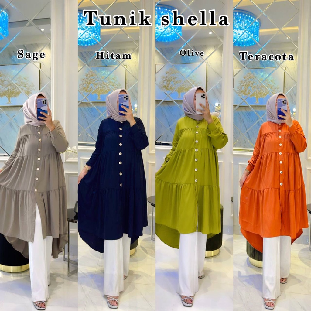 Tunik Shella Twiil Ori Premium Baju Wanita Atasan Penguin Susun Kancing Lengan Panjang Kekinian LD 110cm