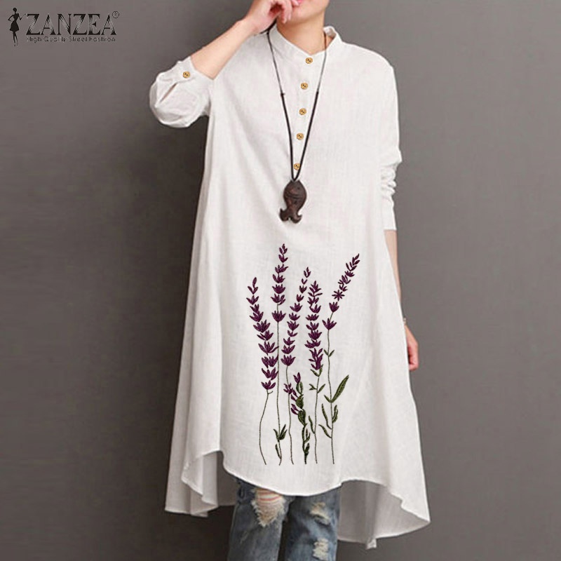 ZANZEA Women Button-Front Long Sleeve Embroidery Irregularity Hem Blouse