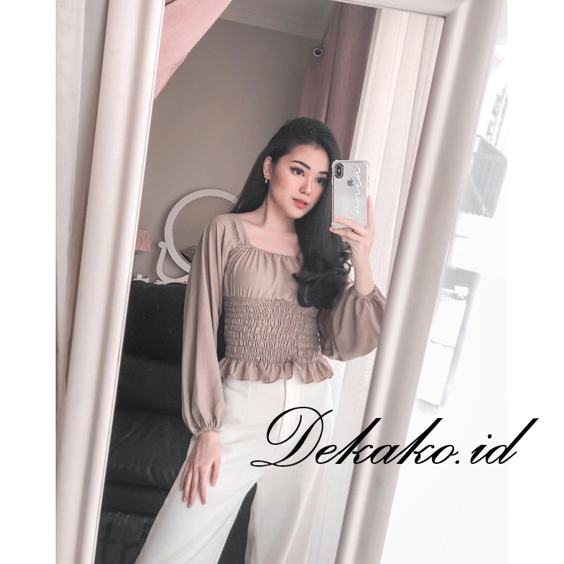 Blouse Baju Sabrina Atasan Wanita Korean Crop Top Blouse Kerut/Serut Lengan Panjang Jumbo Sabrina