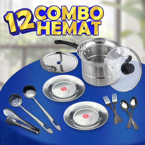 Promo 12in1 Panci kukus Saringan Set Piring Stainless Sendok Garpu makan jepitan murah