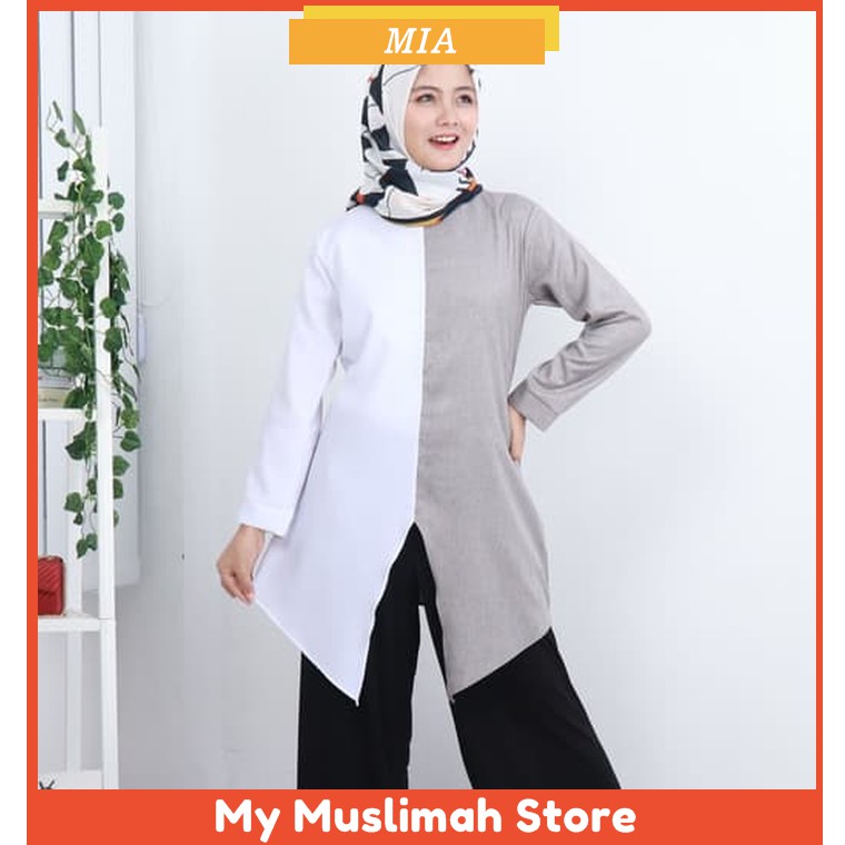 Mia Tunik Wanita Muslim Baju Atasan Cewek Bahan Katun Madina Combi Supercrepe Warna Grey