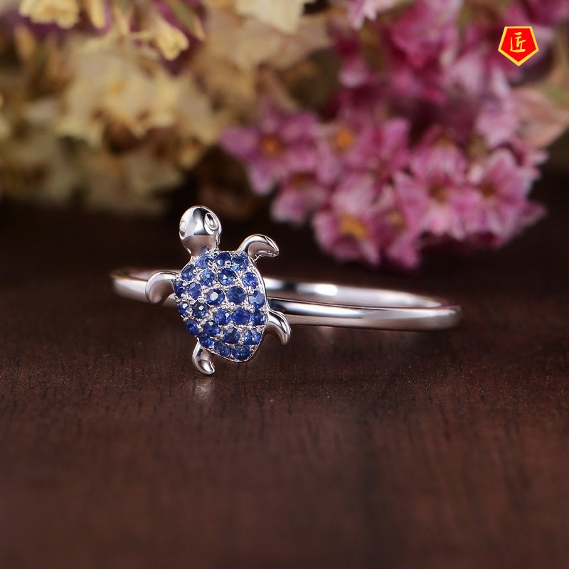 [Ready Stock]Creative Inlaid Sapphire Full Diamond Turtle Ring