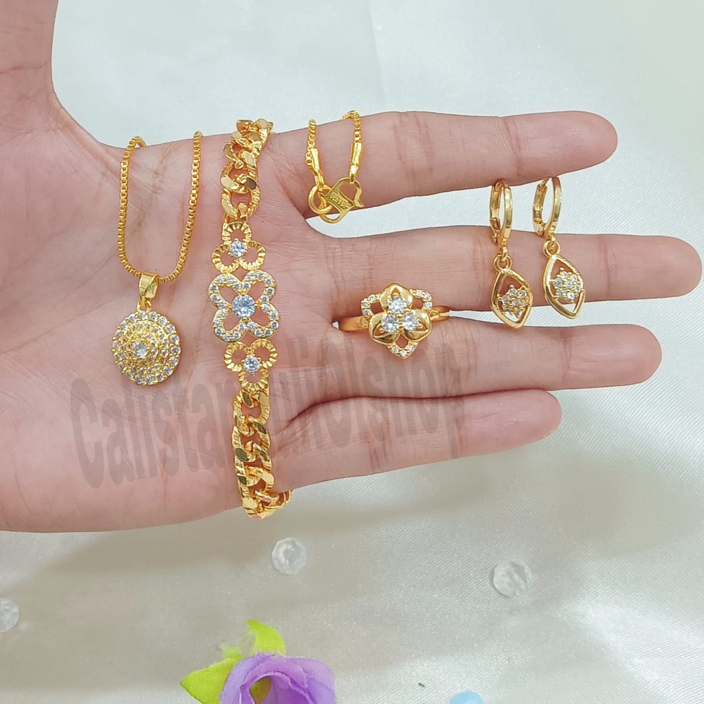 SET DEWASA BUNGA SYANTIK ZIRCON PERHIASAN EMAS  KOREA ANTI KARAT DAN ANTI LUNTUR