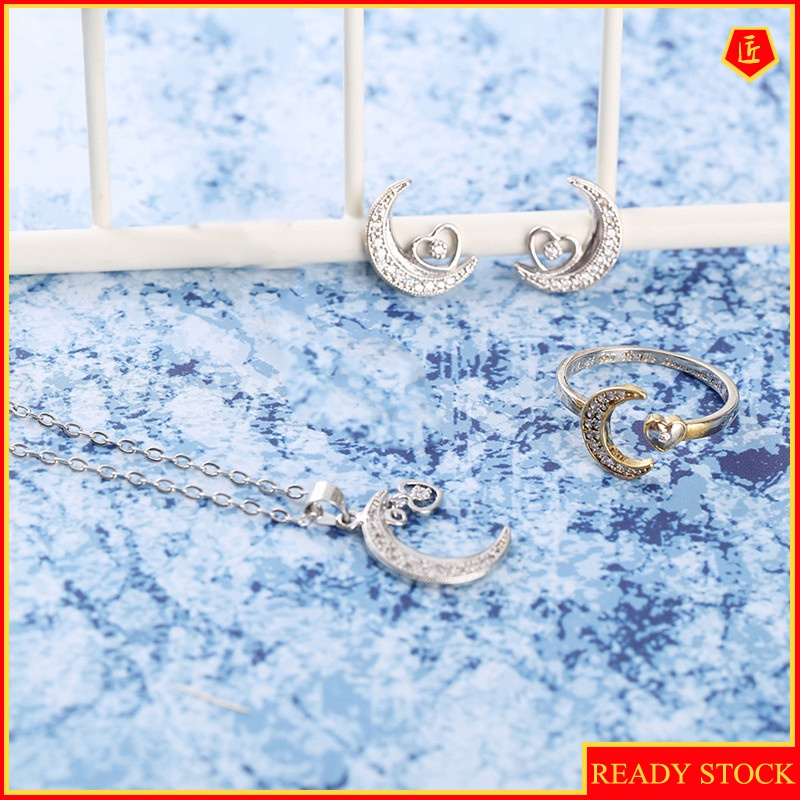 [Ready Stock]New Moon Diamond Pendant Ring Ear Stud Necklace Suit