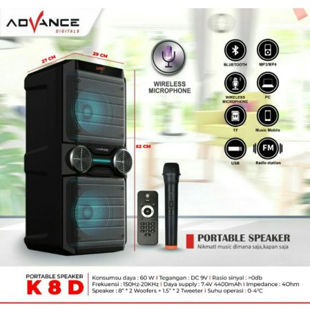 Speaker Portable ADVANCE K8D Speaker Meeting Advance 8&quot; Double Bass Speaker Bluetooth