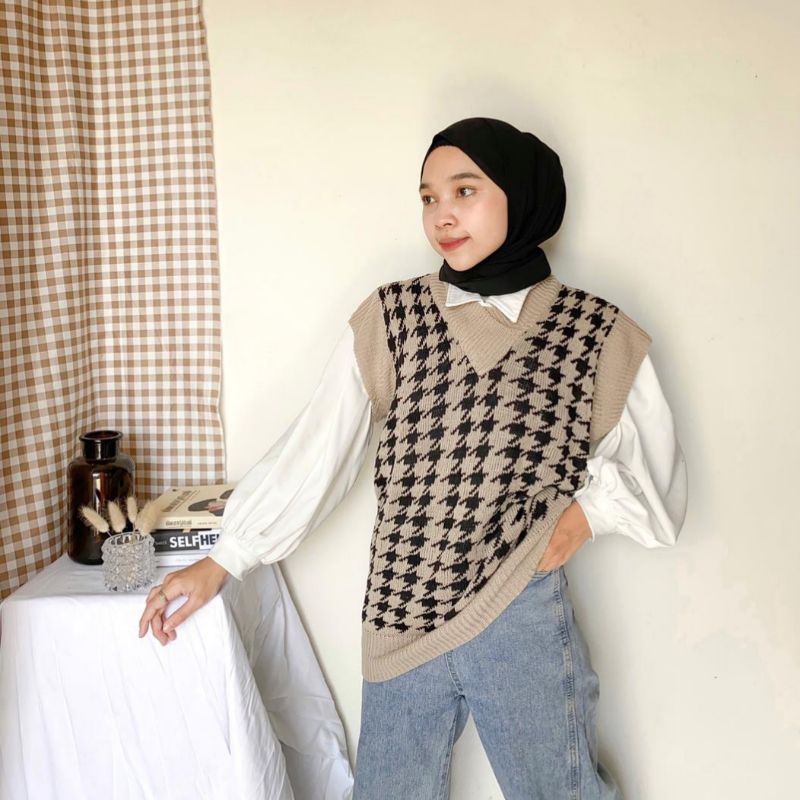 Vest Rajut Jenie Houndstooth