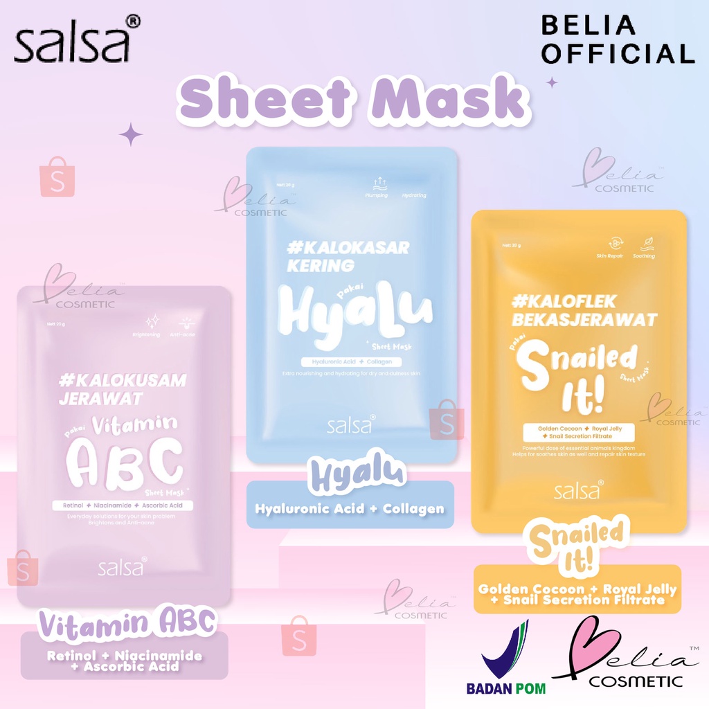 ❤ BELIA ❤ SALSA Sheet Mask 20g | Masker Wajah Daily (Hyaluronic, Niacinamide, Snail) | BPOM