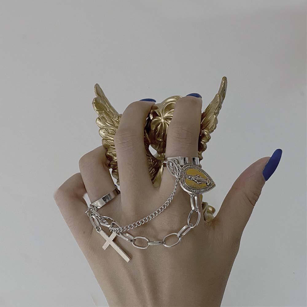 Needway Buka Cincin Wanita Goth Jantung Rantai Yang Dapat Disesuaikan Multi-layer Alloy Yesus Liontin Rings