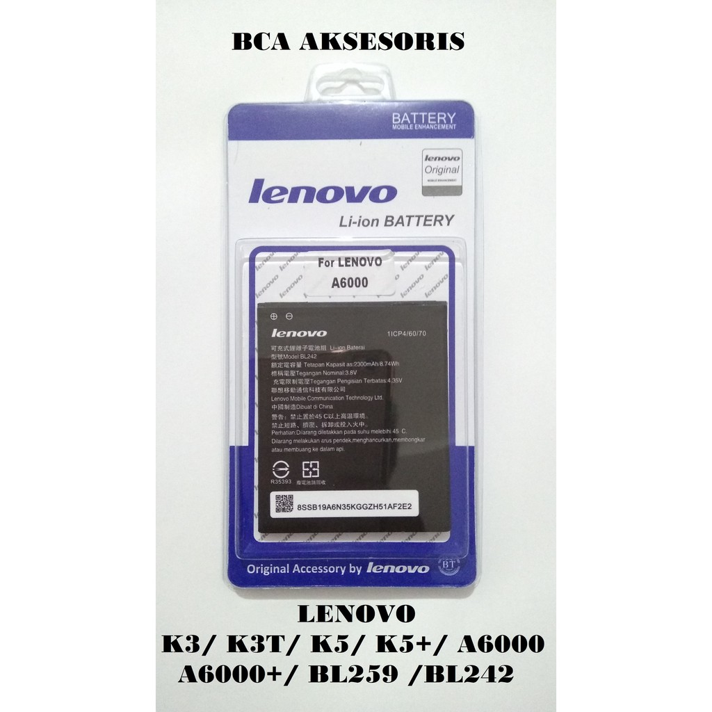 BATERAI LENOVO K3/ K3T/ K5/ K5+/ A6000/ A6000+/ BL259 / BL242 ORIGINAL