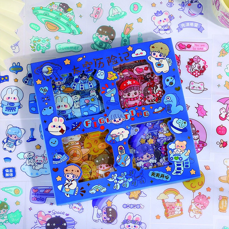 100 Lembar Stiker Motif Kartun Luar Angkasa Anti Air Untuk Dekorasi Diary DIY