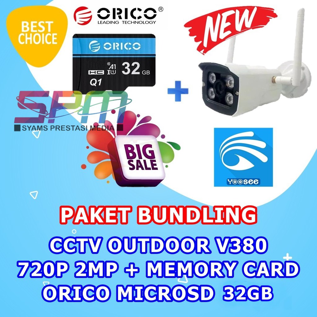 CCTV OUTDOOR V380 720P 2MP + MEMORY CARD ORICO MICROSD 32GB HEMAT