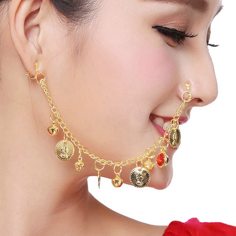 Indian Belly Dance Nose Rings And Studs Ear Chain Women Gold Earrings Nose Necklace Hoop Show Earing Body Jewellery