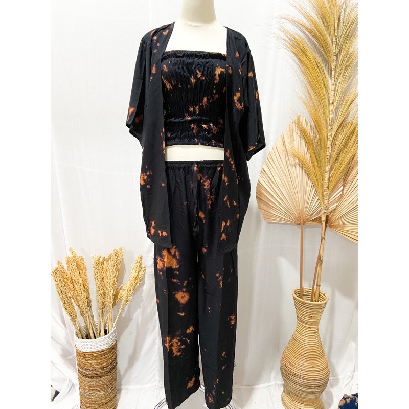 PUSAT FASHION WANITA TERLARIS SETELAN CARDIGAN KEMBEN TIE DIE BALI | VIRAL | KEKINIAN-Hitam