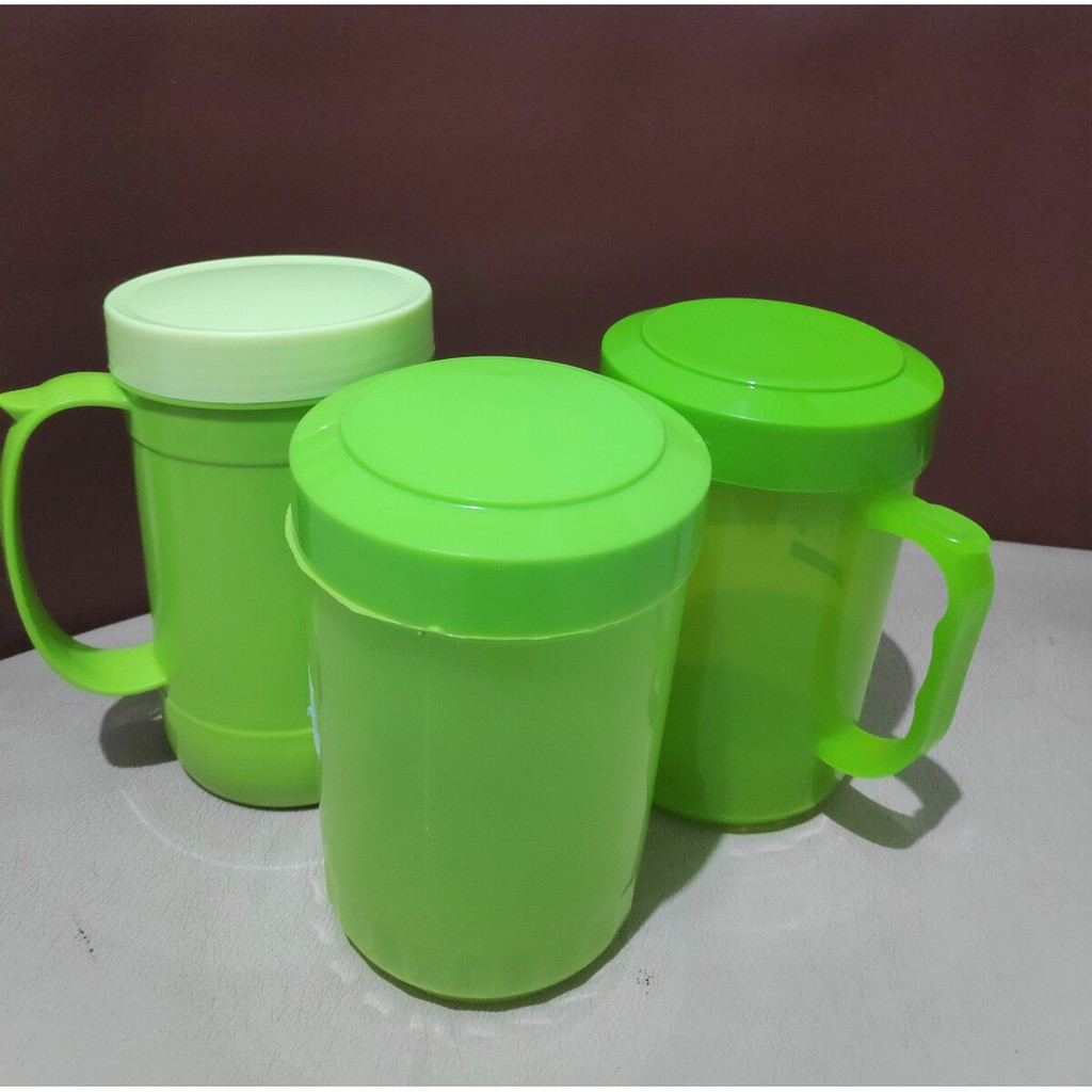 Gelas Cangkir Mug minum plastik Besar 750 ml hijau, gelas air putih ukuran Jumbo, gelas dengan tutup