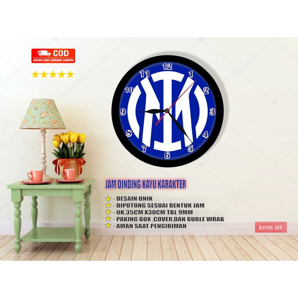 JAM DINDING KAYU UNIK ARTISTIK BESAR VINTAGE GAMBAR LOGO INTERMILAN