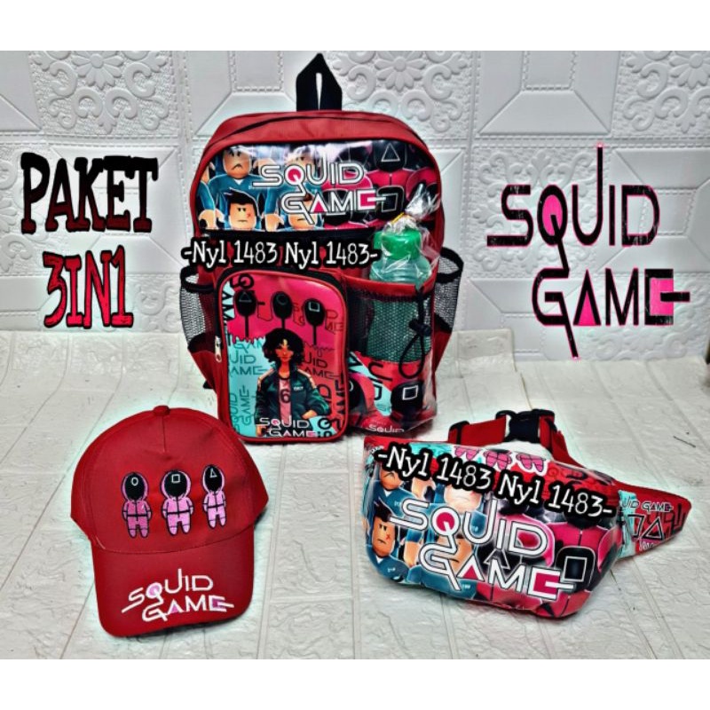 [BISA COD] Paket 3in1 Tas Ransel SQUIDGAME Ransel anak Sekolah TK SD Free Botol Waistbag &amp; Topi anak