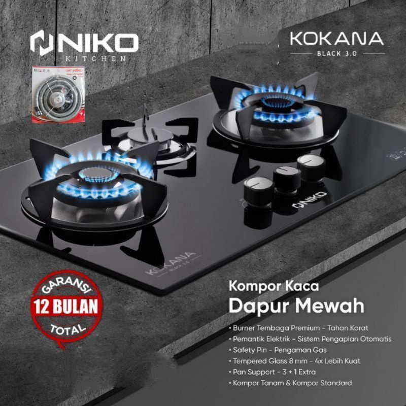 Niko Kokana Black 2.0 - 3.0 Kaca  Kompor Gas Tanam 2 tungku dan 3 tungku