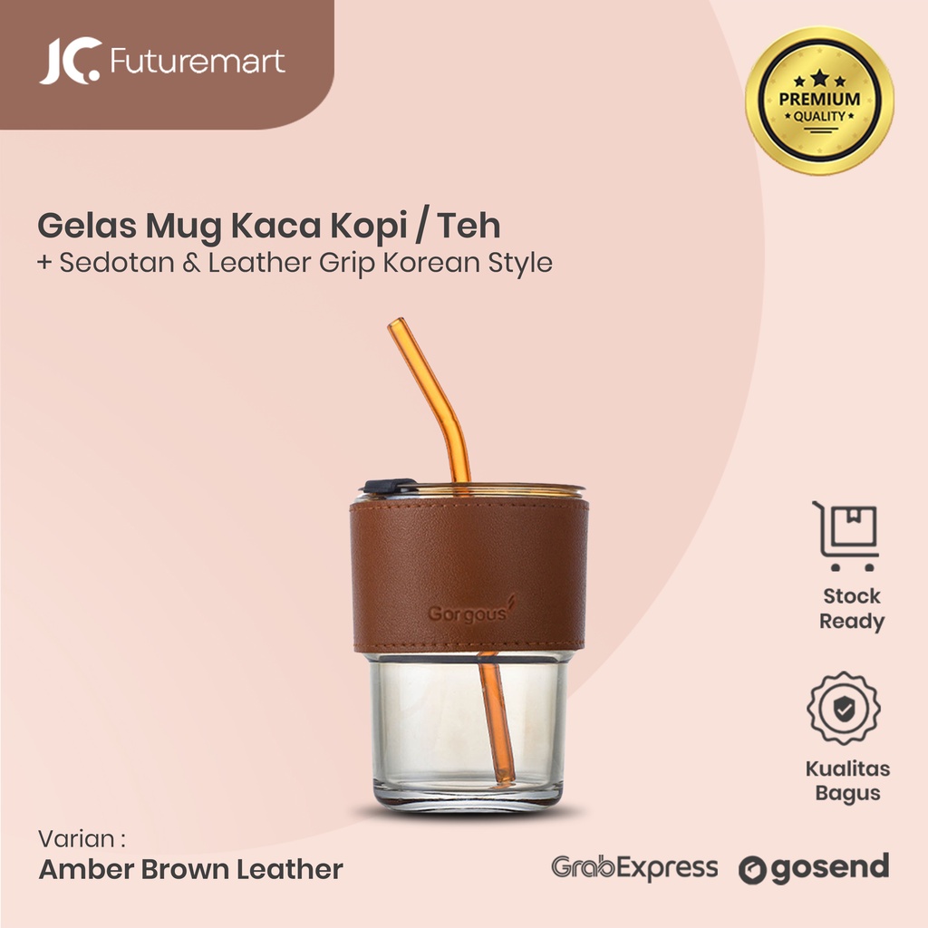 GELAS MUG KACA KOPI TEH SEDOTAN 320ML TUMBLER LEATHER KOREAN STYLE