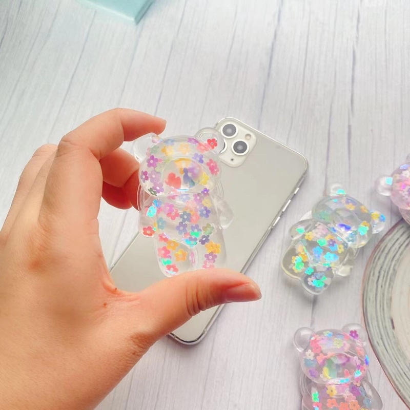 Flower Bear Glitter Popsocket Phone Holder Pegangan HP Lucu