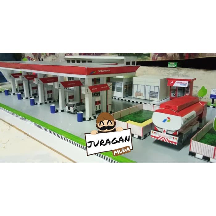 DIY Miniatur Papercraft SPBU Pertamina Plus Minimarket dan Kantor