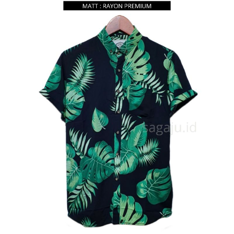 KEMEJA PANTAI CASUAL PRIA WANITA LENGAN PENDEK MOTIF DAUN #5