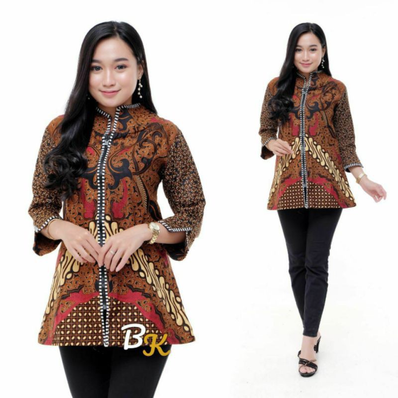 [ TERBARU ] ATASAN BATIK WANITA KERJA KANTOR ORI SHABIRAH BATIKSOLO BLOUSE BLUSEBATIK BATIKMODERN XL-Semarang coklat blus