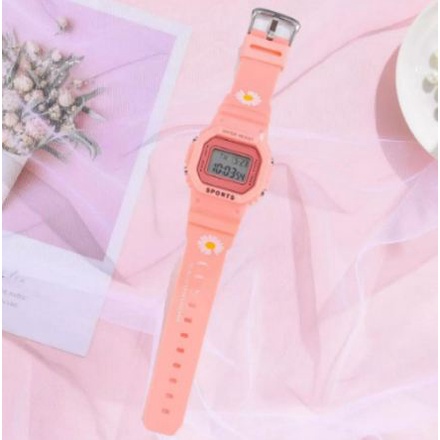 JAM TANGAN DIGITAL WANITA MOTIF BUNGA KOREA STYLE RUBBER-Bunga pink