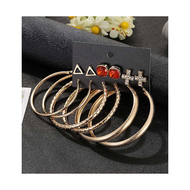 LRC Anting set Fashion Red Large Circle Diamond Cross Triangle Geometric Earrings Set D76895