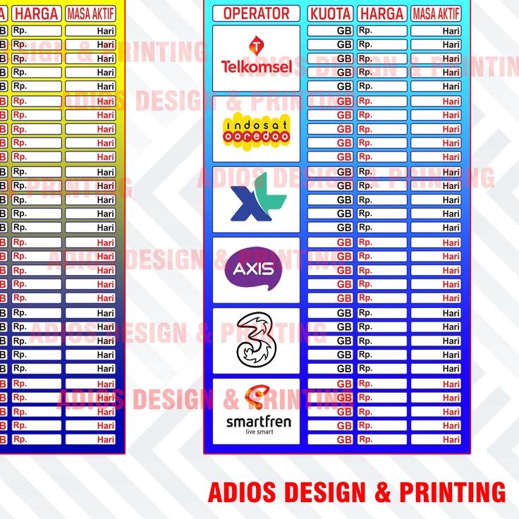 ✽ Spanduk pulsa Banner Tabel Harga kuota ukuran variasi ♔