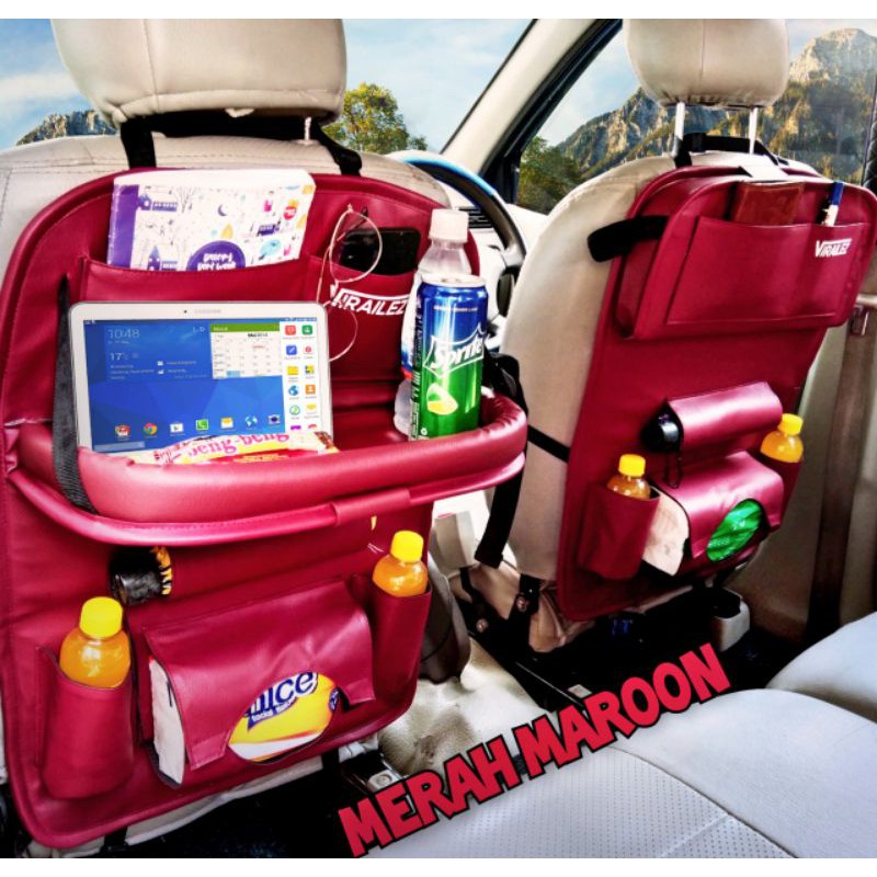 Car Seat Organizer Plus Meja Lipat Tas Multi Fungsi Belakang Jok KULIT Premium