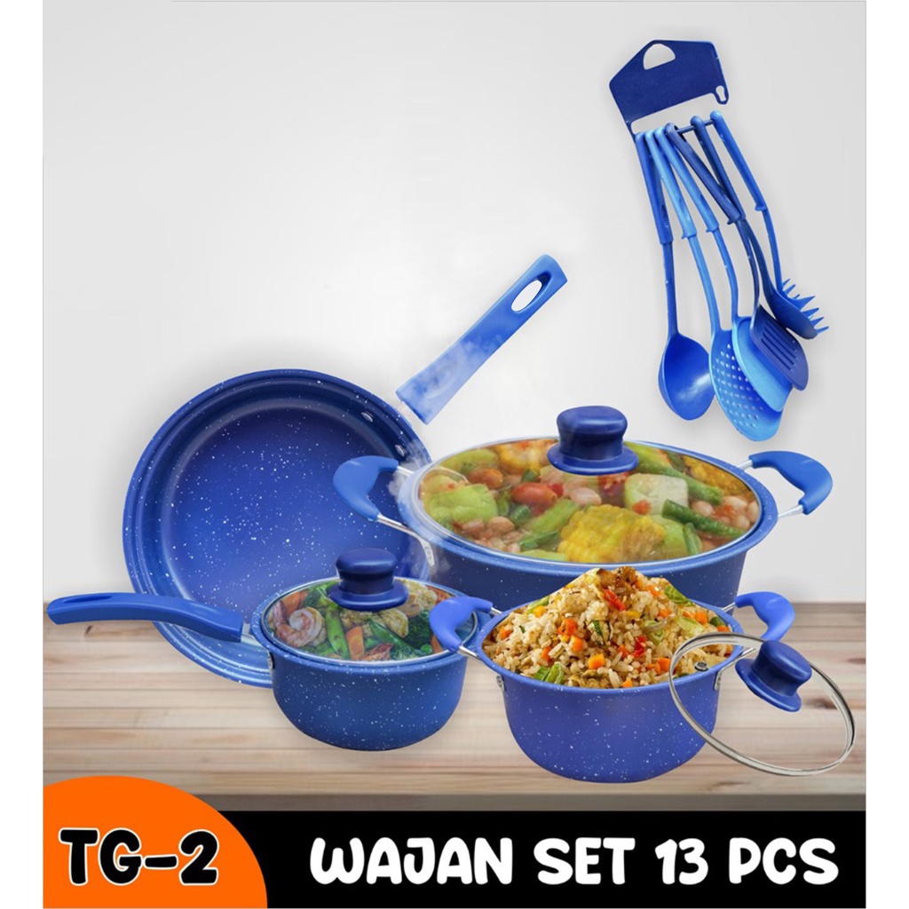 Panci Set Teflon Marble 13 Pcs Cookware Set Tutup Kaca - WORLDDEKOR