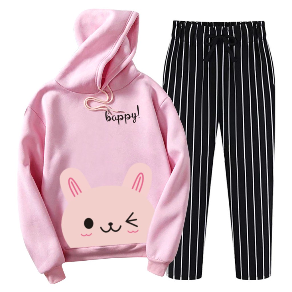 BESS - Setelan Hoodie Wanita Murah / Setelan Hoodie + Celana Salur Hitam - HAPPY CAT