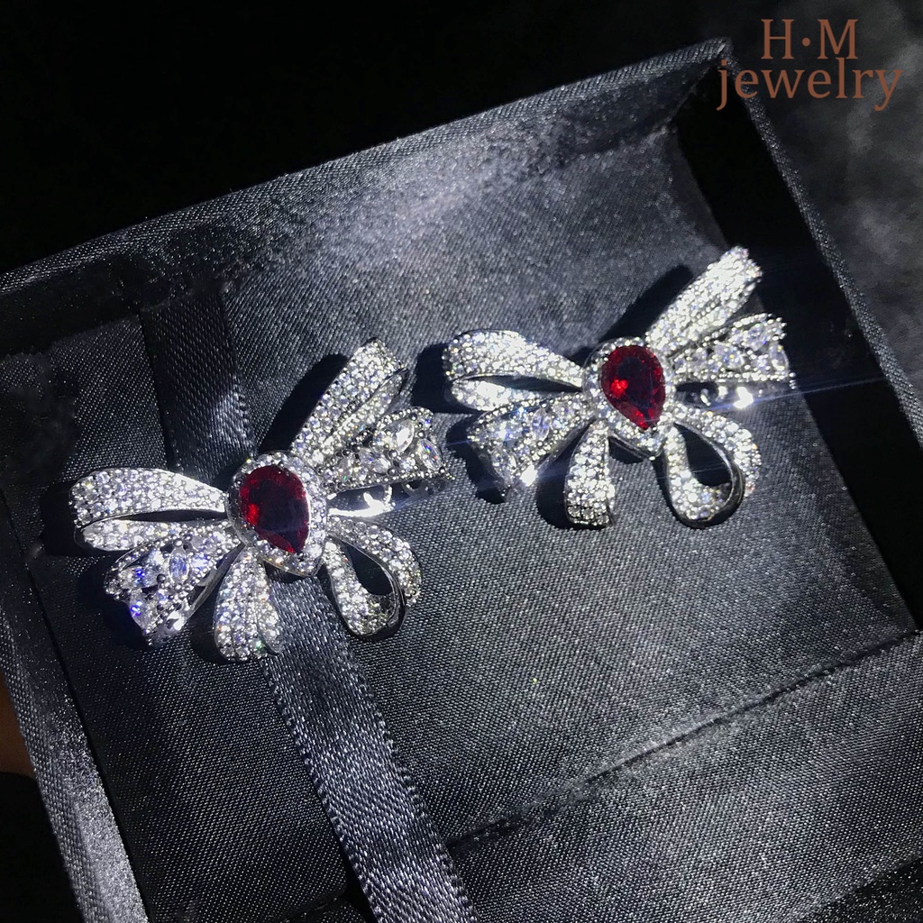 Kalung Rantai Silver S925 Wanita Liontin Pita Kupukupu Hias Berlian Merah Butterfly