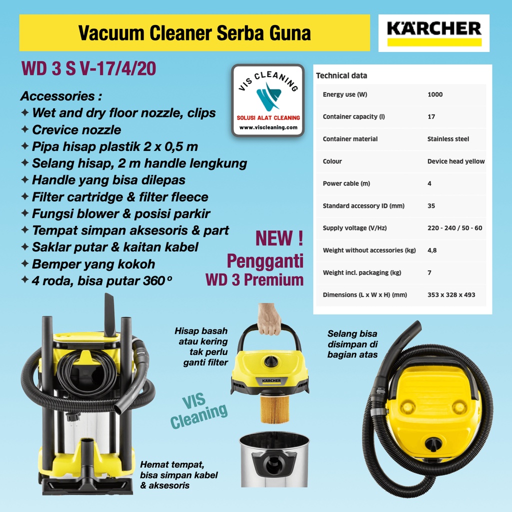 Vacuum Cleaner Karcher WD 3 S V-17/4/20 (Wet &amp; Dry 17 Liter)