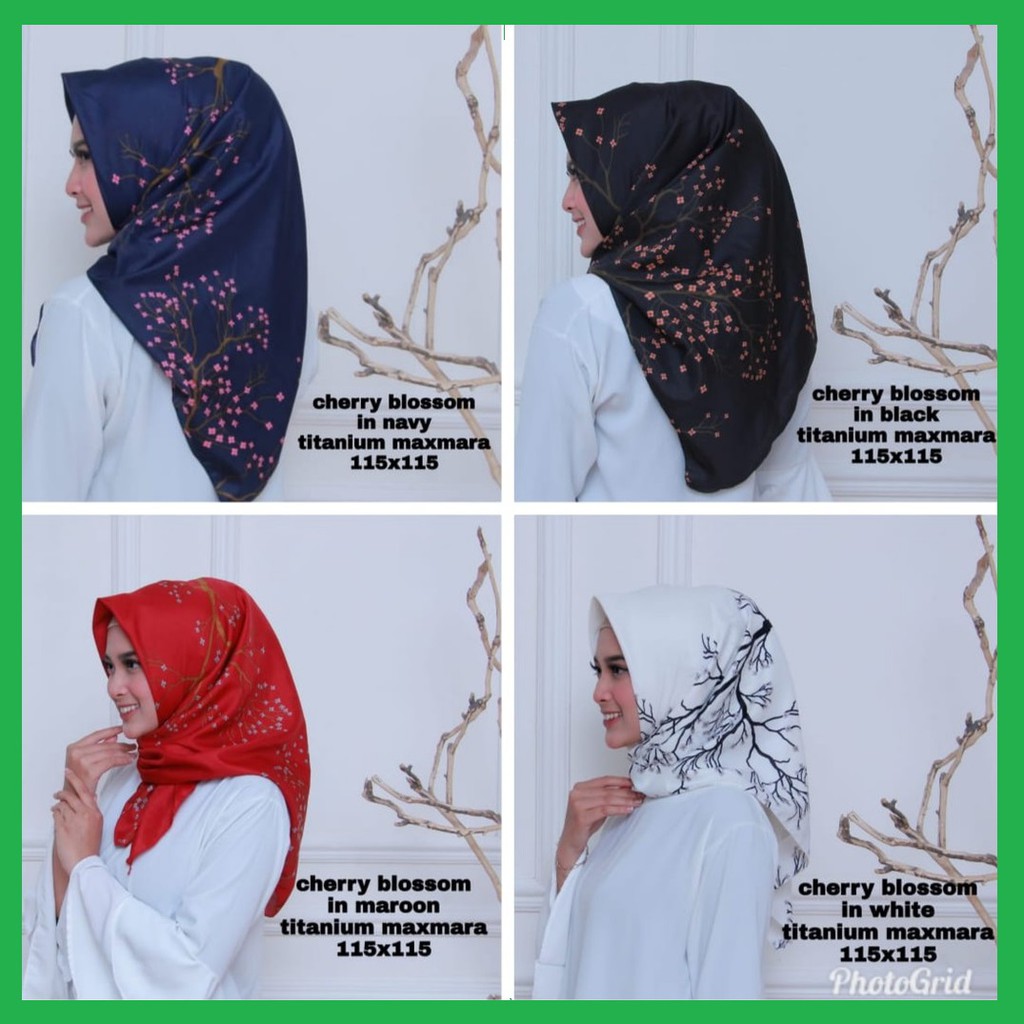 ✅ Cherry Square Hijab Segi Empat Satin Motif , Jilbab Square Satin Maxmara