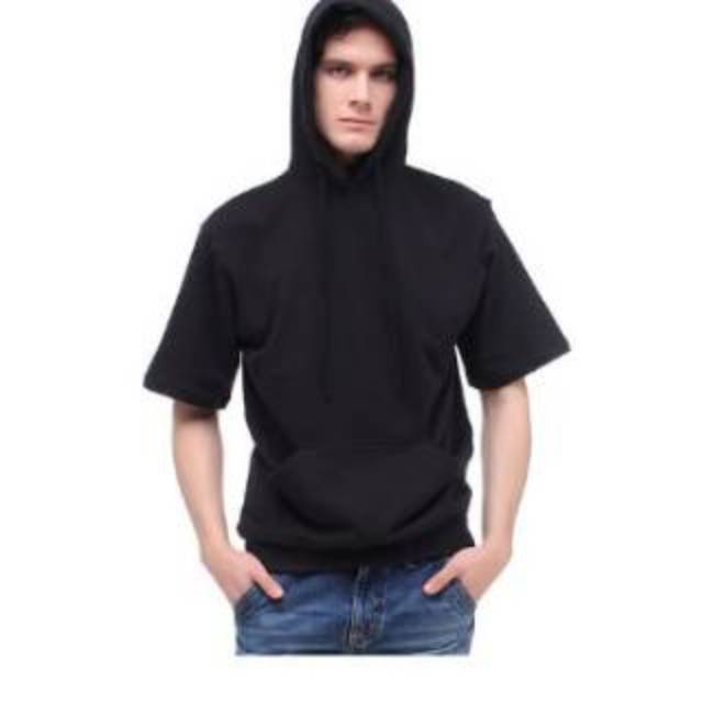 Hoodie pria lengan pendek hitam polos