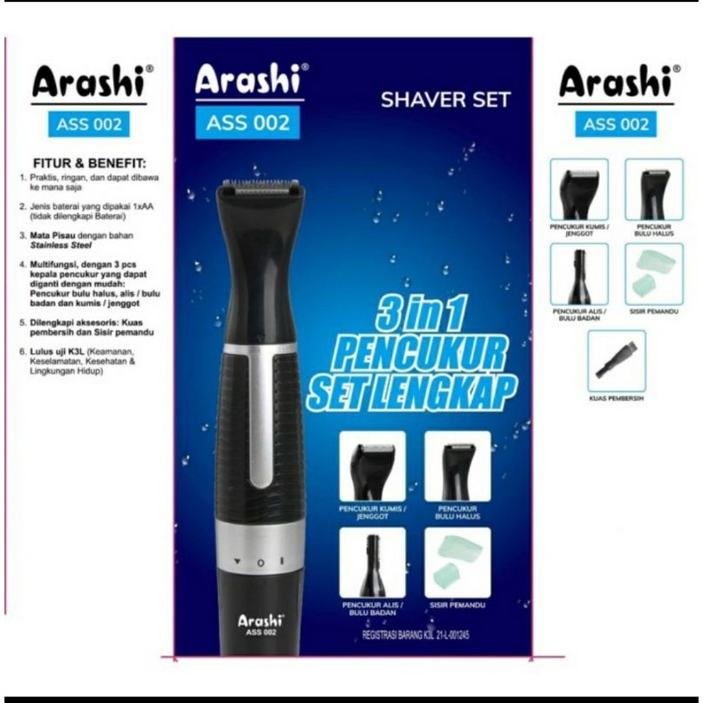 alat cukur ARASHI 3 in 1 ASS 002 - shaver set - garansi 1 tahun