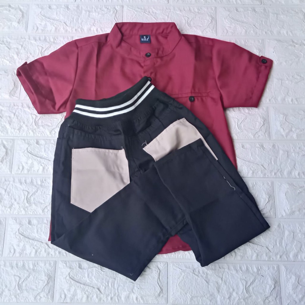 Baju Setelan Anak Laki Laki Kemeja Tangan Pendek Celana Panjang Hem Kids Keren Ukuran 1 Sampai 8 Tah
