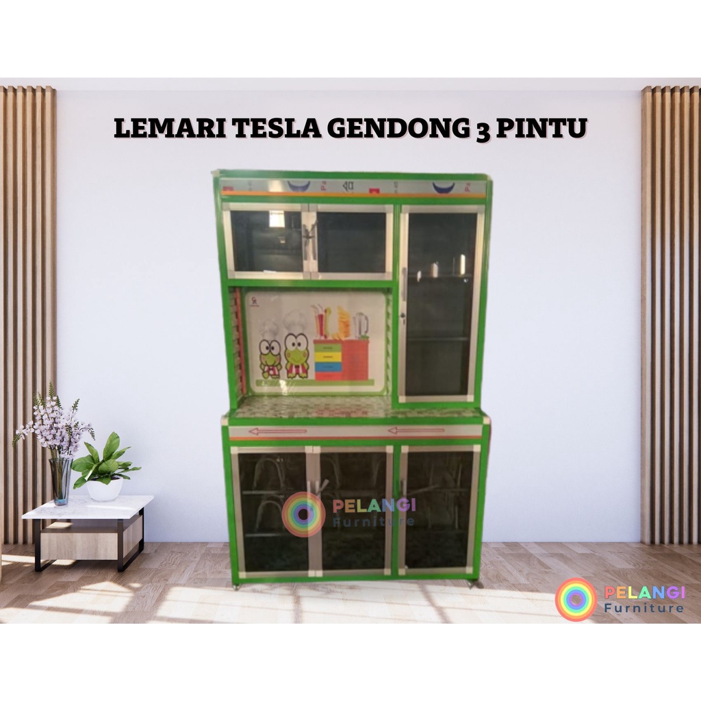 LEMARI / RAK PIRING ALUMINIUM GENDONG MERK TESLA MOTIF + KUNCI & RODA (3 PINTU)