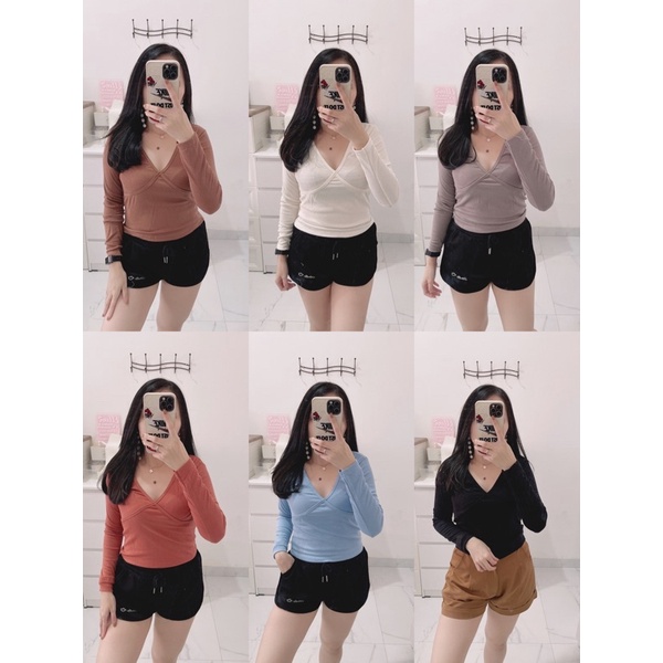 Lisa Vneck knit top |atasan knit wanita | Rib fitted asymmetric cut out long slevee top | Baju Kaos Rib Knit Lengan panjang Atasan Wanita Korean Fashion | aquarius boutique89