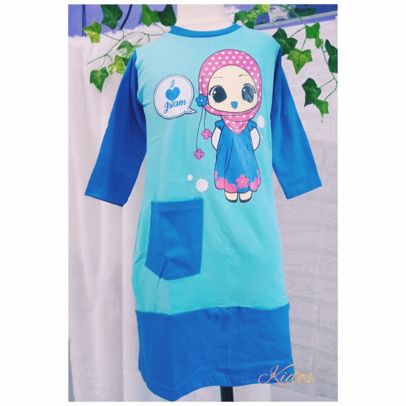 Baju gamis anak muslimah warna biru 1-10 thn