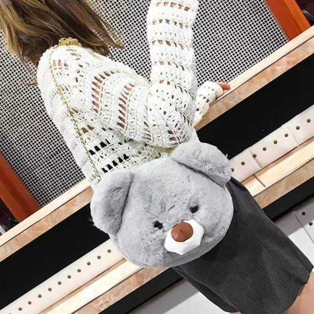 Tas selempang Cute Plush Bear Shape Women Handbag Crossbody Shoulder Bags Ladies Girls Casual Chain