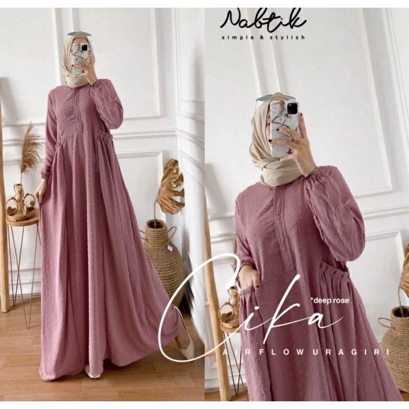 Cika Gamis Wanita Crinkle Uragiri Premium Dress Wanita Lengan Panjang Karet Susun Baju Wanita Muslim Kekinian LD 110 cm